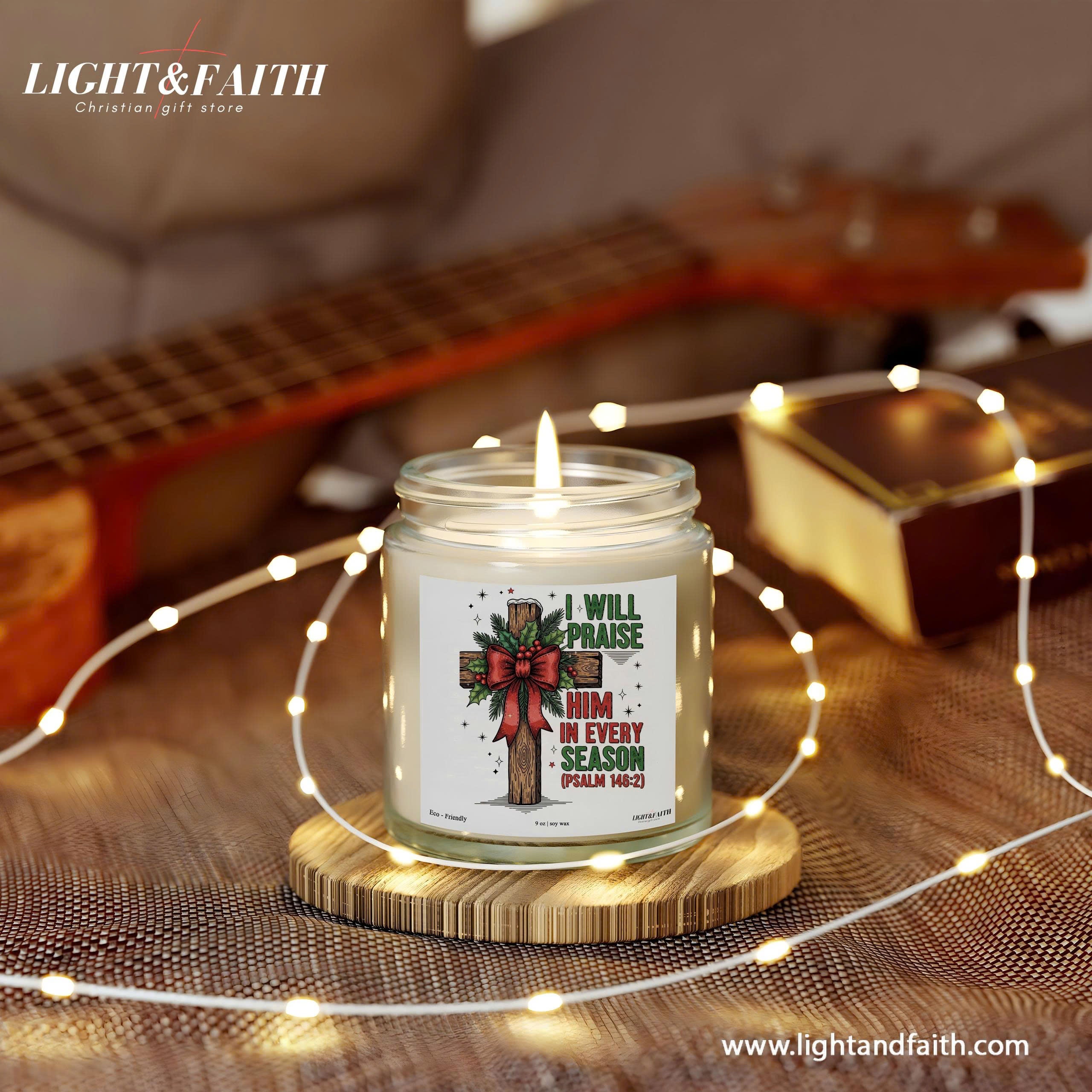 I Will Praise Him Christian Candle, Psalm 146:2, Inspirational Bible Verse, Christmas Cross Design, Uplifting Gift for Every Season CDLAF27